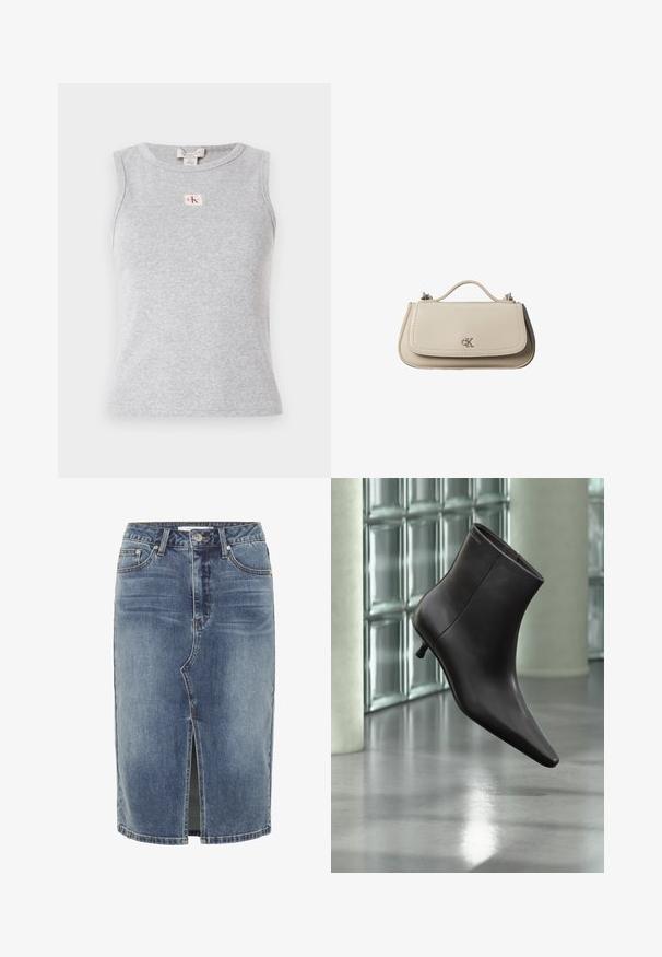 Grå ærmeløs top i ribbet materiale med rund halsudskæring og et lille CK-logo på fronten. Enkelt og tætsiddende design.; Blå denim nederdel i knælængde med central slids foran, fem-lomme design og knaplukning i taljen.; Sort læderankelstøvle med spids tå og lille hæl vist mod en væg af glasblokke og poleret gulv baggrund.; Lille beige læderhåndtaske med top håndtag og sølv CK-logo på frontklap, vist mod en hvid baggrund.