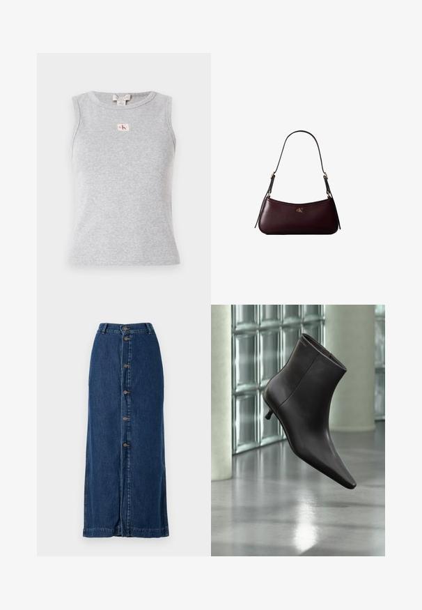 Grijze mouwloze top van ribstof, met een ronde halslijn en een klein CK-logo label op de voorkant. Eenvoudig en aansluitend ontwerp.; Denim maxi rok in donkerblauw, met een voorkant knoopsluiting en zijopeningen, met een rechte stijl en gestikte zoom.; Zwarte leren enkellaars met puntige neus en lage hak, afgebeeld tegen een glazen blokkenmuur en gepolijste vloer op de achtergrond.; Donker bordeauxkleurige leren handtas met een smalle zwarte schouderband en klein gouden "cK" logo aan de voorkant in het midden.