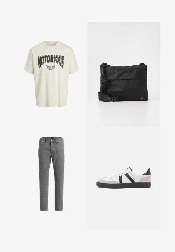Weißes Baumwoll-T-Shirt mit kurzen Ärmeln, das eine auffällige schwarze "NOTORIOUS" Grafik und das Design "WORLD TOUR 1990" darunter in verwittertem Druck zeigt.; Graue Jeans aus Denim mit geradem Schnitt, fünf Taschen und Metallknopfverschluss. Der Stoff hat eine weiche, strukturierte Oberfläche.; Weiße Sneaker mit schwarz- und grau-aczenten, ausgestattet mit einer strukturierten grauen Zehenkappe, schwarzer Gummi-Sohle und flachen weißen Schnürsenkeln. Sauberes Design, minimalistische Stil.; Schwarze Nylon-Umhängetasche mit verstellbarem Riemen, flachem Design und seitlichem Etikett mit Logo. Glatte Textur und minimalistischer Stil.