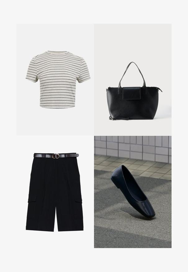T-shirt court à manches courtes à fines rayures horizontales noires et blanches avec un col rond sur un fond uni.; Shorts cargo noirs en tissu léger, avec une coupe droite, des poches latérales et une ceinture en cuir marron avec une boucle en métal argenté.; Chaussure plate en cuir noir debout sur une surface asphaltée près du bord d'un trottoir carrelé.; Sac cabas en cuir noir avec deux poignées, une bandoulière amovible, une fermeture à rabat magnétique et une texture lisse. Fermeture supérieure zippée et surpiqûres décoratives.