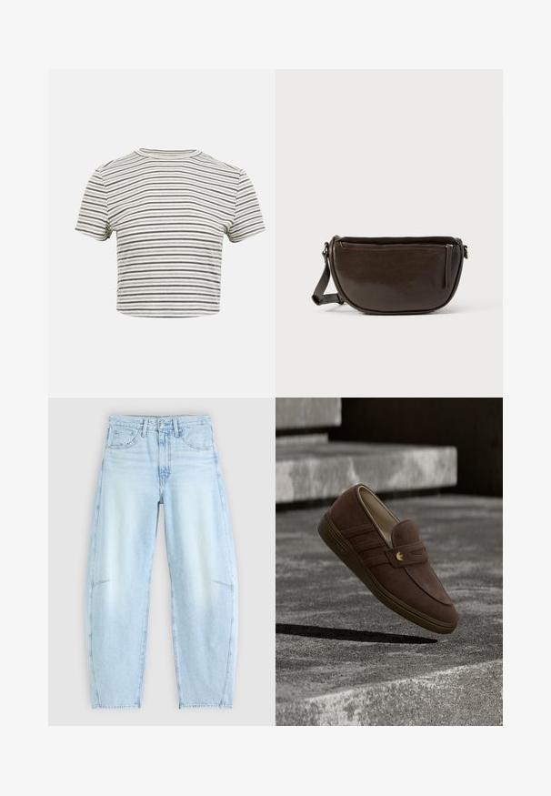 Kurzärmeliges, kurzes T-Shirt mit schmalen, schwarzen und weißen horizontalen Streifen und rundem Ausschnitt vor einfarbigem Hintergrund.; Hellblaue Denim-Jeans mit relaxed Fit, hoher Taille, Fünf-Taschen-Design und subtilen Ausbleichungen sowie ausgefransten Saumdetails.; Brauner Wildleder-Slipper mit einem goldenen Adidas-Logo, schwebt über Betontreppen und wirft einen Schatten darunter.; Braune Leder-Umhängetasche mit abgerundeter Form, ausgestattet mit einem Reißverschluss oben und einer seitlichen Reißverschlusstasche. Glatte Oberfläche mit mattierter Optik.