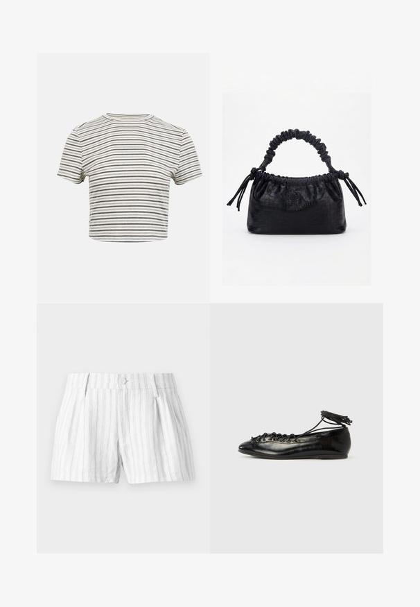 Korte mouwen cropped T-shirt met smalle zwart-witte horizontale strepen en een ronde hals op een effen achtergrond.; Witte katoenen shorts met lichtgrijze verticale strepen, voorzien van een knoopsluiting, plooien en zijzakken. Eenvoudig en casual ontwerp.; Zwarte ballerina's van lakleer met een afgeronde neus, veterdesign en een platte zool. Glad oppervlak met minimale details.; Zwarte handtas met krokodillenstructuur, geplooide bovenrand, samengevoerde handgreep en koordtassels aan elke kant tegen een witte achtergrond.