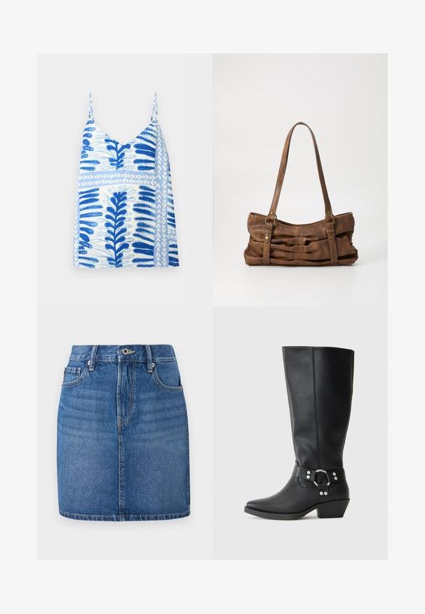 Hvid ærmeløs top med blå abstrakte blad- og stribemønstre og tynde skulderstropper, vist på ensfarvet baggrund.; Denim nederdel i blå, lige skæring med taljebånd, forlommer og en falmet finish. Har kontrast syninger og lynlås til åbning.; Sorte læderknæhøje støvler med spids tå, der har en dekorativ ankelrem og sølvfarvede hardware-detaljer. Lav stablet hæl.; Even&Odd Håndtasker - brown