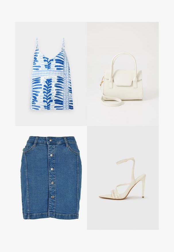 Witte mouwloze top met blauwe abstracte blad- en streeppatronen en dunne schouderbandjes, afgebeeld op een effen achtergrond.; Denim rok met een sluiting aan de voorkant met knopen, een aansluitend ontwerp, lichtblauwe kleur en subtiele stiksels.; Beige sandalen met hoge hak en een puntige neus, voorzien van drie voorste bandjes en een dunne enkelband met een gesp. Gladde textuur, minimalistisch ontwerp.; Kleine witte handtas met dubbele handvatten, voorflap en afneembare schouderband met gouden gesp op een effen witte achtergrond.