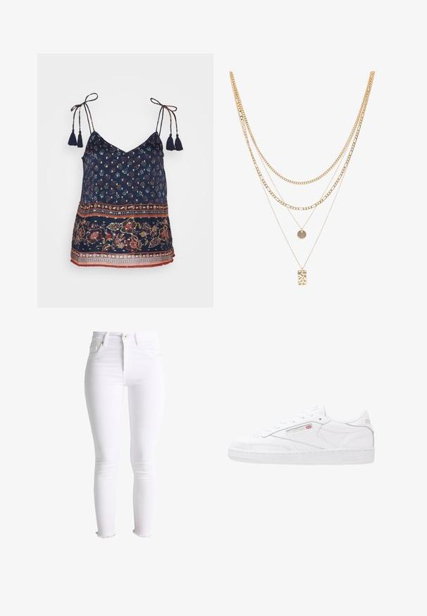 Vero Moda VMLUCY STRING SINGLET BOHO - Μπλούζα - night sky; Λευκά skinny τζιν ψηλόμεσα με μπροστινές τσέπες, κουμπί και φερμουάρ, και ξεφτισμένες άκρες στους αστραγάλους.; Λευκά δερμάτινα αθλητικά παπούτσια με χαμηλό σχέδιο, σύστημα κλεισίματος με κορδόνια, υφασμάτινη πλευρική επένδυση και ανάγλυφο λογότυπο Reebok. Εξωτερική σόλα από καουτσούκ.; Χρυσό πολύστρωτο κολιέ που διαθέτει διάφορα σχέδια αλυσίδων, συμπεριλαμβανομένων των χοντρών συνδέσμων και των λεπτών αλυσίδων, με κυκλικά και ορθογώνια κρεμάσματα.