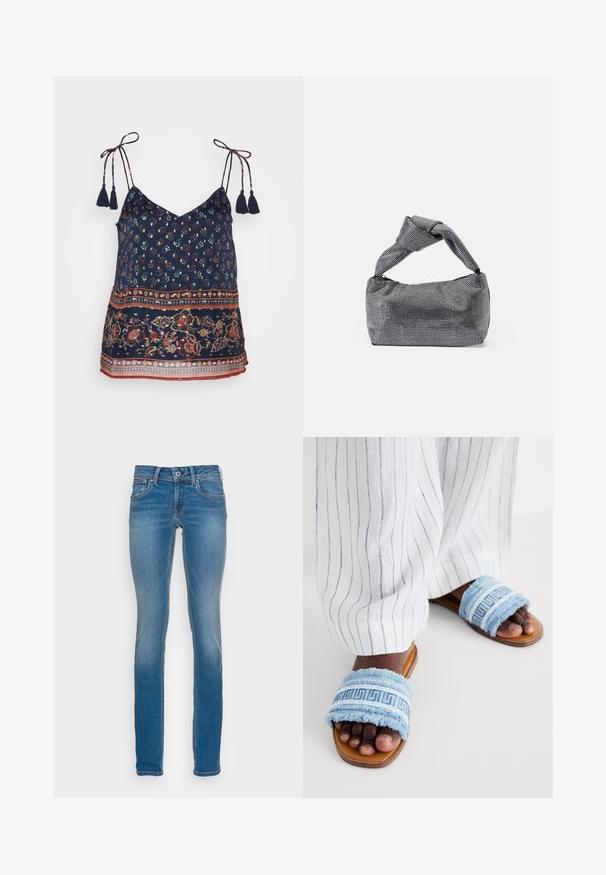 Vero Moda VMLUCY STRING SINGLET BOHO - Top - night sky; Svetlomodré džíny s priliehavým strihom, piatimi vreckami a kontrastným oranžovým šitím, s uzatváraním na gombík a zips.; Modré roztrhnuté sandále s textúrovaným remienkom s geometrickým vzorom, posadené na hnedých kožených podrážkach. Viditeľné biele pruhované nohavice.; Čierna a strieborná kabelka s textúrovaným povrchom so vzorom diamantov, s uzlovou rukoväťou a štruktúrovaným tvarom.