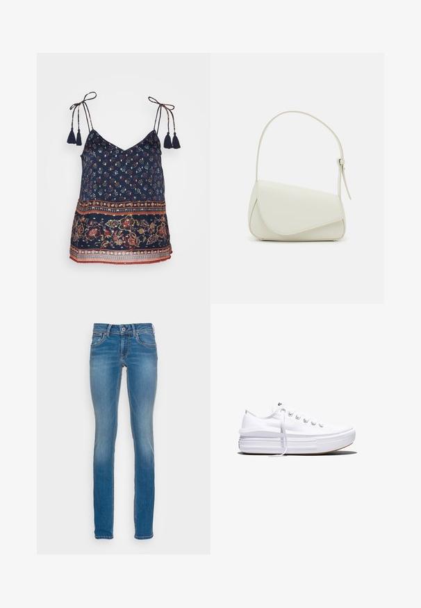 Vero Moda VMLUCY STRING SINGLET BOHO - Top - night sky; Svetlomodré džíny s priliehavým strihom, piatimi vreckami a kontrastným oranžovým šitím, s uzatváraním na gombík a zips.; Biela nízka plátenná teniska s hrubou platformovou podrážkou, šnurovaním vpredu a gumovou špičkou s textúrou, zobrazená z bočnej strany.; Biela kabelka z umelého kože so štruktúrovaným trojuholníkovým tvarom, jedným nastaviteľným popruhom a prekrytím so zakriveným akcentom.