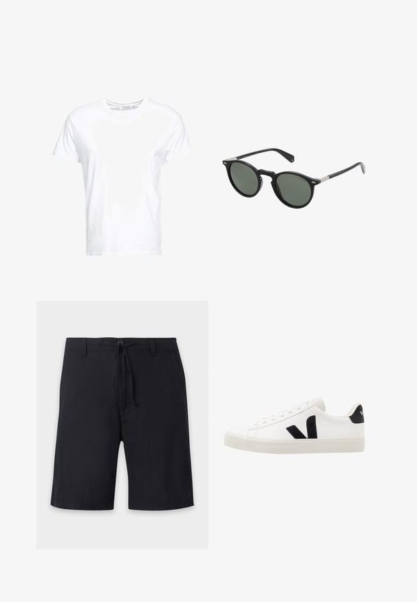Weißes Baumwoll-T-Shirt mit rundem Ausschnitt und kurzen Ärmeln, im klassischen Schnitt und mit glatter Textur. Keine sichtbaren Muster oder Hardware.; Schwarze knielange Shorts mit Gürtelschlaufen, Knopfverschluss und verstellbarem Kordelzug in der Taille.; Weiße Leder-Sneaker mit schwarzen Wildlederelementen; verfügen über eine Gummisohle, eine runde Spitze und ein klassisches Schnürdesign. Seitliches Logo in Schwarz.; Runde schwarze Sonnenbrillen mit dunkelgrünen Gläsern, Kunststoffrahmen und Metallakzenten an den Bügeln. Glatte Textur, minimalistisches Design.