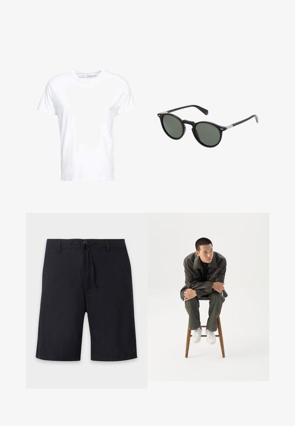 Camiseta de algodón blanca con cuello redondo y mangas cortas, con un corte clásico y una textura suave. Sin patrones ni elementos metálicos visibles.; Pantalones cortos negros hasta la rodilla con trabillas para cinturón, cierre con botón y cordón ajustable en la cintura.; Joven con chaqueta de cuero oscura y vaqueros sentado en un taburete de madera, inclinado hacia adelante con los brazos cruzados, mirando hacia un lado contra un fondo blanco.; Gafas de sol redondas negras con lentes verde oscuro, montura de plástico y detalles metálicos en las varillas. Textura suave, diseño minimalista.