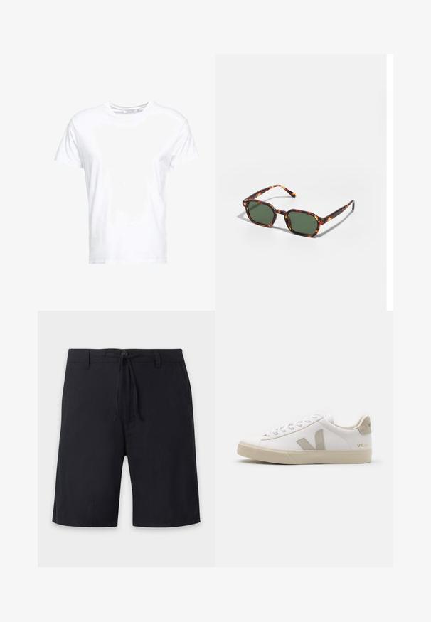 T-shirt en coton blanc avec un col rond et des manches courtes, au fit classique et à la texture lisse. Aucun motif ni accessoire visible.; Shorts noirs longueur genoux avec passants de ceinture, fermeture à bouton et cordon ajustable à la taille.; Baskets en cuir blanc avec des accents beiges, semelle plate en caoutchouc, bout rond et logo contrastant sur le côté et à l'arrière. Design à lacets.; Lunettes de soleil en écaille de tortue avec des verres verts, présentant une forme octogonale et des branches minces et courbées. Le matériau a une finition brillante.