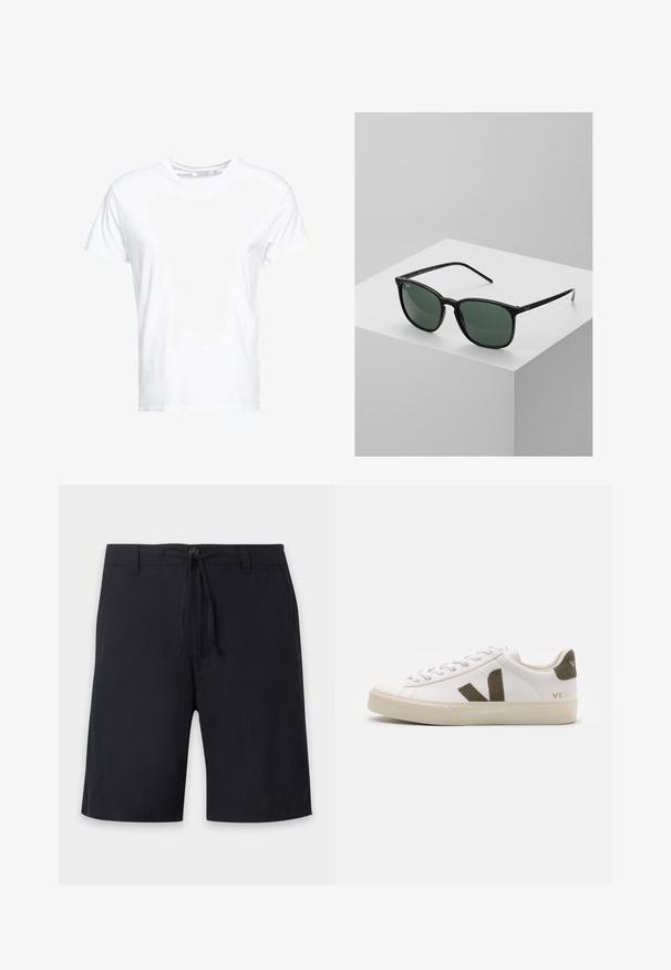 Weißes Baumwoll-T-Shirt mit rundem Ausschnitt und kurzen Ärmeln, im klassischen Schnitt und mit glatter Textur. Keine sichtbaren Muster oder Hardware.; Schwarze knielange Shorts mit Gürtelschlaufen, Knopfverschluss und verstellbarem Kordelzug in der Taille.; Weiße Leder-Sneaker mit einer hellbeigen Gummisohle. Mit braunem Wildleder-V-Logo und Fersenlasche. Schnürverschluss mit texturierter Oberfläche.; Schwarze rechteckige Sonnenbrille mit dunkelgrünen Gläsern, ausgestattet mit einem leichten Kunststoffrahmen und silbernen Akzenten an den Bügeln.