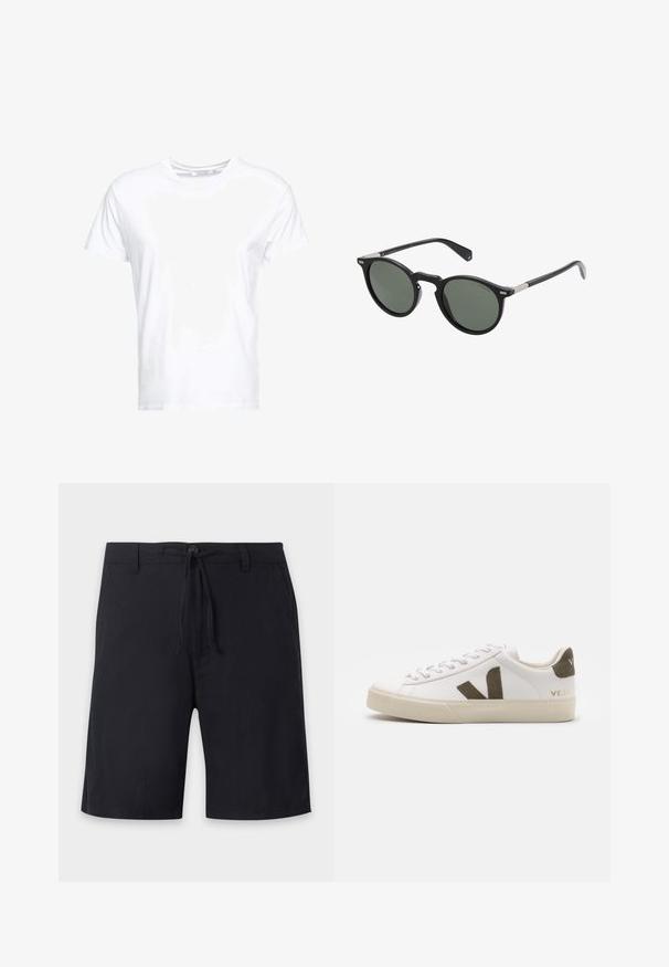 Weißes Baumwoll-T-Shirt mit rundem Ausschnitt und kurzen Ärmeln, im klassischen Schnitt und mit glatter Textur. Keine sichtbaren Muster oder Hardware.; Schwarze knielange Shorts mit Gürtelschlaufen, Knopfverschluss und verstellbarem Kordelzug in der Taille.; Weiße Leder-Sneaker mit einer hellbeigen Gummisohle. Mit braunem Wildleder-V-Logo und Fersenlasche. Schnürverschluss mit texturierter Oberfläche.; Runde schwarze Sonnenbrillen mit dunkelgrünen Gläsern, Kunststoffrahmen und Metallakzenten an den Bügeln. Glatte Textur, minimalistisches Design.