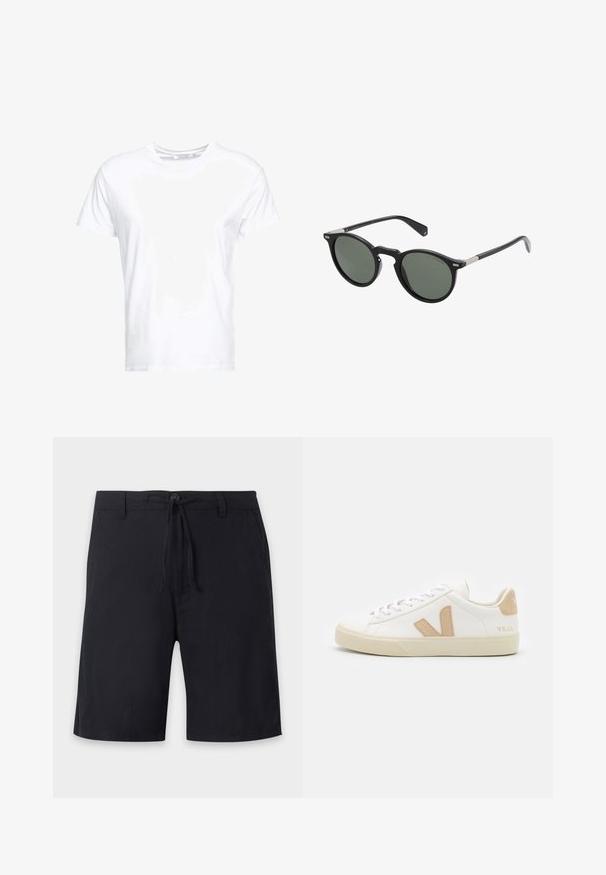 Witte katoenen t-shirt met een ronde hals en korte mouwen, in een klassiek model met een gladde textuur. Geen patronen of hardware zichtbaar.; Zwarte knielange shorts met riemlussen, een knoopsluiting en een verstelbaar trekkoord in de taille.; Witte sneakers met beige accenten, gemaakt van glad leer, ronde neus, platte rubberen zool en vetersluiting met een logo op de hiel.; Ronde zwarte zonnebril met donker groene lenzen, plastic frame en metalen accenten op de tempels. Glad oppervlak, minimalistisch ontwerp.
