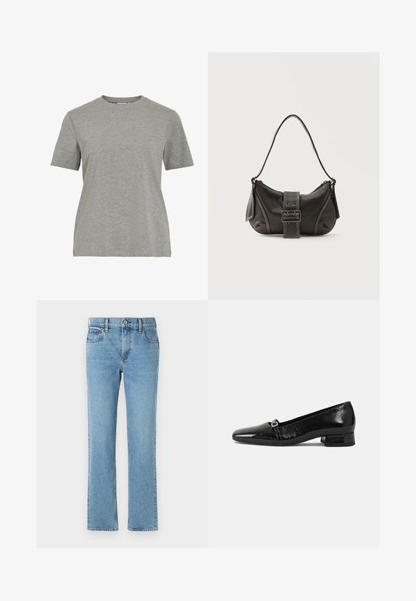 Grå bomulds-T-shirt med klassisk rund hals, korte ærmer og en glat tekstur, egnet til afslappet brug.; Lysblå denimjeans med lige pasform, fem lommer, knap- og lynlåslukning samt subtil fading. Klassisk, enkelt design.; Sorte patentlæder balletflade med spids tå, lav firkantet hæl og en lille metallisk spænde detalje på remmen. Glat tekstur.; Sort læder skuldertaske med spænde på remmen, afrundede kanter og kontrasterende hvide syninger på en ensfarvet baggrund.