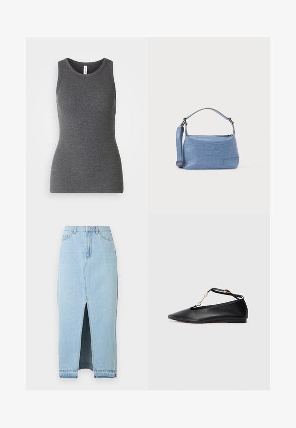 Débardeur gris sans manches en matière côtelée ; doté d'un col rond et d'une coupe ajustée. Sans motifs ni accents supplémentaires.; Jupe en jean bleu clair avec une fente à l'avant et une ceinture. Comprend le design traditionnel à cinq poches et une fermeture à bouton en métal.; Ballerines noires en cuir avec un bout pointu, un design découpé, une bride à la cheville et un accent en chaîne dorée. Texture lisse, talon minimal.; Sac à main bleu clair embossé façon crocodile avec une poignée courte et une bandoulière amovible. Texture lisse avec une fermeture éclair.