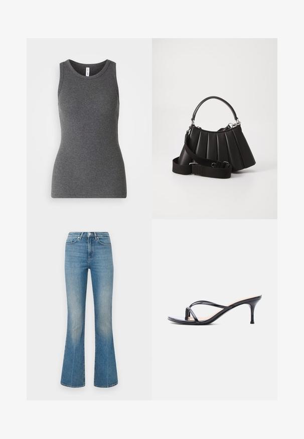Débardeur gris sans manches en matière côtelée ; doté d'un col rond et d'une coupe ajustée. Sans motifs ni accents supplémentaires.; Jean évasé bleu clair en denim. Il présente une taille avec un bouton et un délavage, se rétrécissant vers un large ourlet au niveau de la cheville.; Sandale à talon en cuir verni noir avec fines lanières croisées et talon aiguille moyen et élancé sur fond blanc.; Sac à main plissé noir avec une poignée arrondie, une bandoulière réglable et une texture brillante. Présente des accessoires en argent et une silhouette structurée.