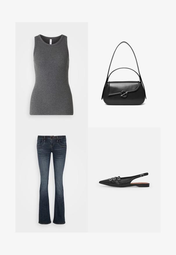 Grijze mouwloze tanktop van ribmateriaal; heeft een ronde halslijn en een getailleerd ontwerp. Geen patronen of extra accenten.; Donkerblauwe uitlopende jeans met een middelhoge taille, vijf zakken en subtiele stiksels. Gemaakt van denim met een gladde textuur.; Zwarte leren slingback ballerina met spitse neus, voorzien van twee horizontale bandjes en vierkante zilveren gespen, lage hak en een gladde textuur.; Zwarte leren schoudertas met een gebogen klep die is bevestigd met een ronde metalen sluiting en een smalle, verstelbare band.