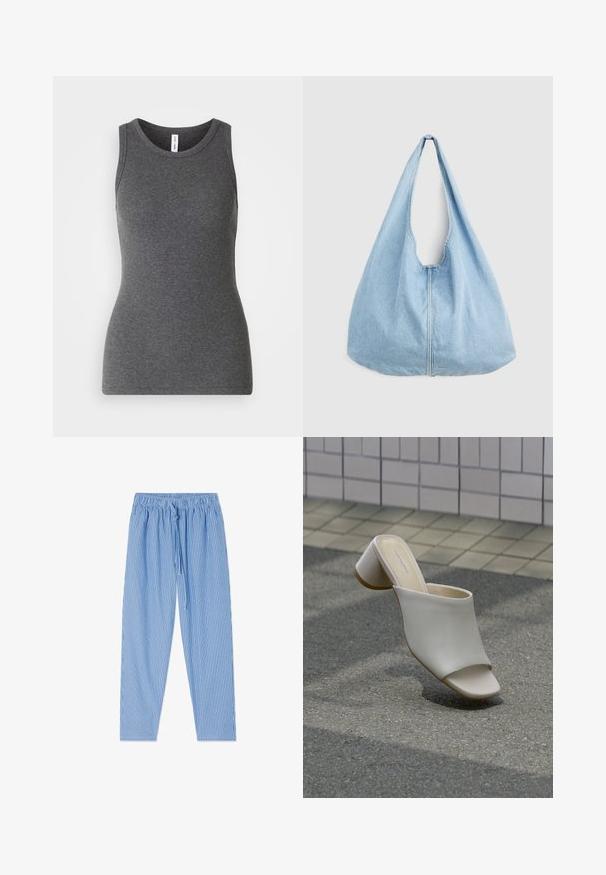 Grå ærmeløs tanktop lavet af ribbet materiale; har en rund halsudskæring og et tætsiddende design. Ingen mønstre eller yderligere detaljer.; Blå og hvide lodrette stribede bukser med elastisk talje og snøre, lagt fladt på hvid baggrund.; Enkelt hvid åben tå mule med blokhæl på brolagt grund nær flisebelagt væg, vinklet for at vise side- og topudsigt.; Lyseblå denim skuldertaske med bred rem og synlig central søm, vist mod en ensartet lys grå baggrund.