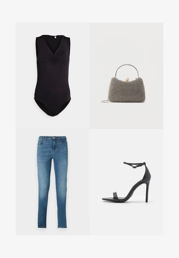 JDY SLEEVELESS BODYSTOCKING - Topp - black; Kitsad teksad heledast sinisest denimist, millel on kulunud efekt, viis taskut, metallne nööbid ja peened õmbluse detailid. Sirged säärtega.; Mustad kõrge kontsaga sandaalid avatud varbaga, õhukeste rihmadega ja pahkluukinnitusega. Sile nahk tekstuur ja terav varvades disain.; Väike käekott hõbedase võrgumustriga, kõver käepide, suur pärlikinnitus ja õhuke hõbedane kettsahtel lihtsal taustal.