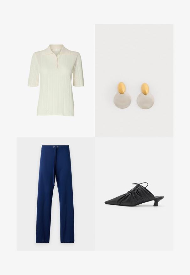 Roomwitte gebreide poloshirt met korte mouwen, voorzien van een subtiel verticaal kantpatroon en een kraag, met knoopjes aan de halslijn.; Navyblauwe broek met een losse pasvorm, gemaakt van gladde stof. Voorzien van een elastische tailleband met trekkoord en goudkleurige oogjes voor aanpassingen.; Zwarte leren instappers met een spitse neus, gegatherde textuur en een kleine kittenhiel. Heeft een trekkoorddetail aan de opening.; Gouden en zilveren metalen oorbellen met een ronde schijfbasis en een ovale bovenstuk, gladde textuur en gepolijste afwerking.