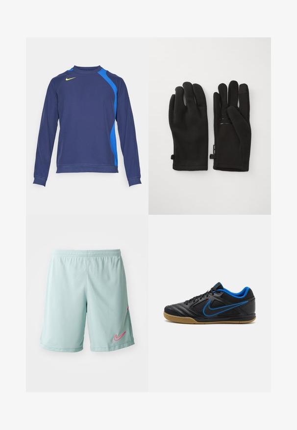 T-shirt de sport à manches longues marine avec des panneaux latéraux bleu clair, encolure ronde et logo jaune sur la poitrine. Fabriqué en tissu lisse et extensible.; Shorts de sport bleu clair avec une texture en mesh, arborant un logo Nike rose sur le côté gauche et une taille élastique.; Chaussure de sport noire avec des accents bleus, tige synthétique texturée, fermeture à lacets et semelle en caoutchouc naturel. Présente un détail de logo latéral proéminent.; Des gants noirs en matière polaire présentent une surface texturée, un design de doigts courbés et des accents élastiques pour un ajustement confortable.