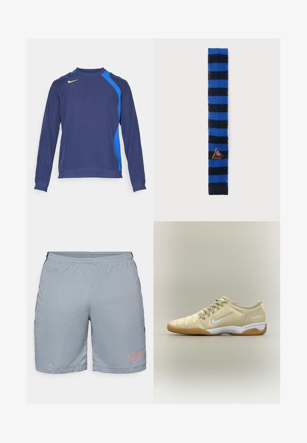 T-shirt de sport à manches longues marine avec des panneaux latéraux bleu clair, encolure ronde et logo jaune sur la poitrine. Fabriqué en tissu lisse et extensible.; Shorts de sport gris clair avec des panneaux latéraux noirs, une taille élastique et un ourlet en maille texturée. Présente un logo Nike orange sur la jambe gauche.; Chaussure de football en salle beige avec un swoosh Nike blanc, semelle en gomme, lacets et texte "total90 III" au talon, vue de côté.; Cravate en maille rayée bleu marine et bleu, avec un petit écusson brodé en forme de fanion affichant "Polo" près du bas, présentée sur un fond uni.