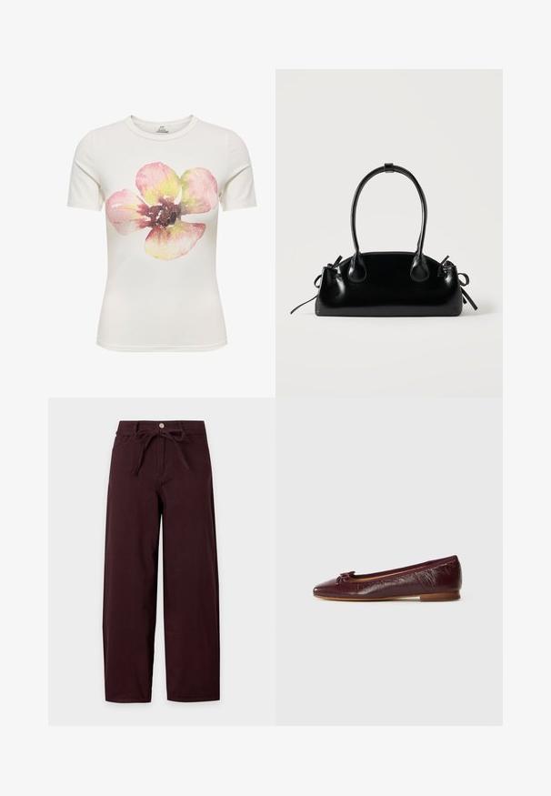 Hvid T-shirt med korte ærmer med en stor blomst i akvarel-stil i pink, gul og brune nuancer centreret foran.; Bukser med høj talje og vide ben i mørk bordeaux med frontknapper, lynlås, sidelommer og et matchende stofbælte bundet i sløjfe i taljen.; Bordeaux læder balletflade med spids tå, en lille sløjfe accent og en tekstureret finish. Lav træhæl.; Lille sort blank håndtaske med to lange håndtag og snøre-detaljer i siden på en ensfarvet lys baggrund.