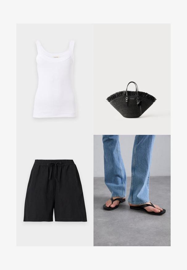 Débardeur blanc côtelé avec larges bretelles et encolure dégagée, présenté sur un fond uni clair.; Short noir décontracté avec ceinture élastique et cordon à l'avant, avec poches latérales et coupe ample.; Des tongs noires avec une large lanière en V, fabriquées en caoutchouc. Portées avec un jean droit bleu clair, montrant un denim texturé.; Sac fourre-tout tissé noir avec une large forme en éventail, bord supérieur frangé, deux poignées et un noeud décoratif sur une des poignées.