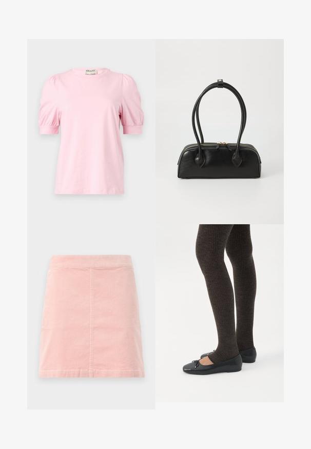 Camiseta rosa con mangas cortas abullonadas, cuello redondo, fabricada en un tejido suave. Diseño simple sin patrones ni acentos.; Mini falda de pana rosa con una cintura ajustada y textura de costillas verticales. El dobladillo es recto y presenta un diseño simple sin decoraciones.; Piernas con leggings oscuros acanalados combinados con bailarinas negras que presentan pequeños detalles de lazo sobre un fondo blanco.; Bolso de mano de cuero negro con dos asas alargadas, cierre de cremallera y forma redondeada; textura suave con un acabado ligeramente brillante.