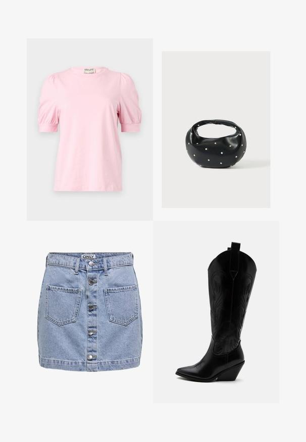Rosa T-Shirt mit kurzen Puffärmeln, Rundhalsausschnitt, aus weichem Stoff. Einfaches Design ohne Muster oder Akzente.; Hellblaue Denim-Miniröhre mit fünf vorderen Knöpfen, zwei aufgenähten Taschen und einer leicht zerstörten Textur. Das Etikett lautet "ONLY."; Schwarzer Leder-Cowboystiefel mit spitzer Zehe, schrägem Blockabsatz, dekorativer Naht und Zuglaschen oben vor weißem Hintergrund.; Schwarze Lederhandtasche mit abgerundeter Form, verziert mit silbernen Nietenakzenten und kurzem Griff. Glatte Struktur und Reißverschlussverschluss.