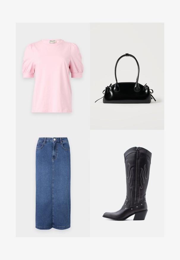 Camiseta rosa con mangas cortas abullonadas, cuello redondo, fabricada en un tejido suave. Diseño simple sin patrones ni acentos.; Falda larga de mezclilla en azul oscuro, con corte recto, cinturilla con cierre de botón y detalles de costura mínimos.; Botas vaqueras de cuero negro con puntera puntiaguda, costuras visibles, detalles de tachuelas plateadas y cierre de cremallera en el lado interior.; Pequeño bolso negro brillante con dos asas largas y detalles de cordón lateral sobre un fondo claro liso.