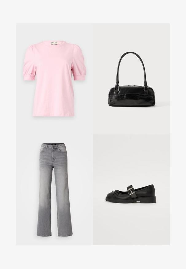Rosa T-Shirt mit kurzen Puffärmeln, Rundhalsausschnitt, aus weichem Stoff. Einfaches Design ohne Muster oder Akzente.; Hochtaillierte graue Denim-Jeans mit geradem Bein, Frontknopf und Reißverschluss, Vorder- und Gesäßtaschen sowie ausgewaschenen Schattierungen an Oberschenkeln und Waden.; Schwarze Leder-Mary-Jane-Schuhe mit runder Zehenpartie, Knöchelriemen und silberner Schnallenverzierung. Verfügt über eine flache, dicke Sohle und eine Schleifenakzent.; Schwarze Lederhandtasche in rechteckiger Form, mit einem stabilen Griff, silbernem Zubehör und Reißverschluss. Glatte Textur.