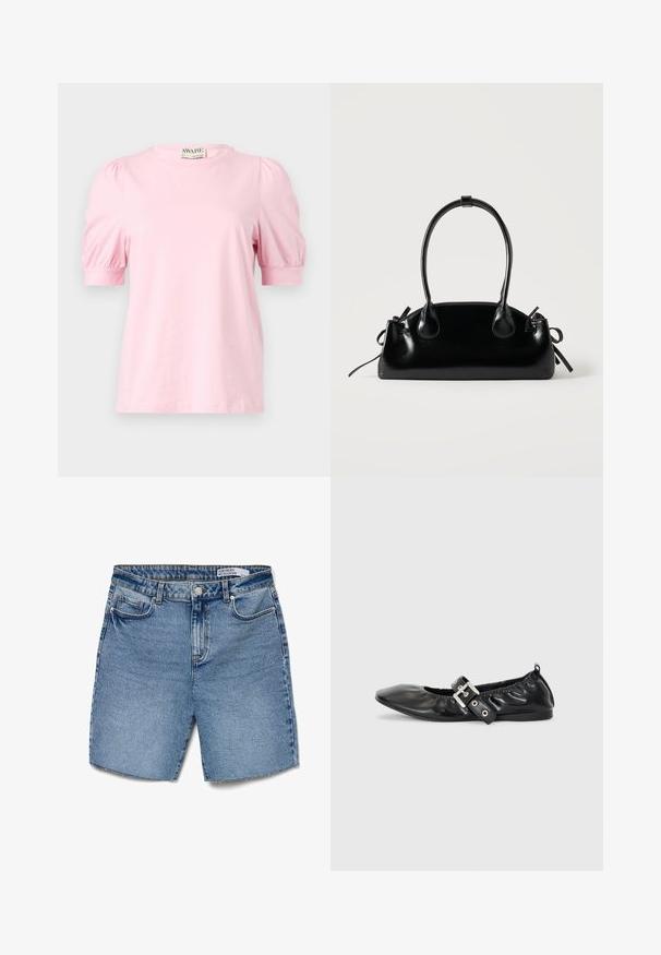 Roze T-shirt met korte pofmouwen, ronde hals, gemaakt van zacht materiaal. Eenvoudig ontwerp zonder patronen of accenten.; Lichtblauwe denimshorts met een hoge taille, vijf zakken en een rechte snit. Voorzien van een knoopsluiting en minimale uitscheuring aan de zoom.; Zwarte leren platte schoen met een spitse neus, geplooide details rond de opening en een zilveren gespaccentueerde verstelbare band.; Kleine zwarte glanzende handtas met twee lange hengsels en zijkant trekkoord details op een effen lichte achtergrond.