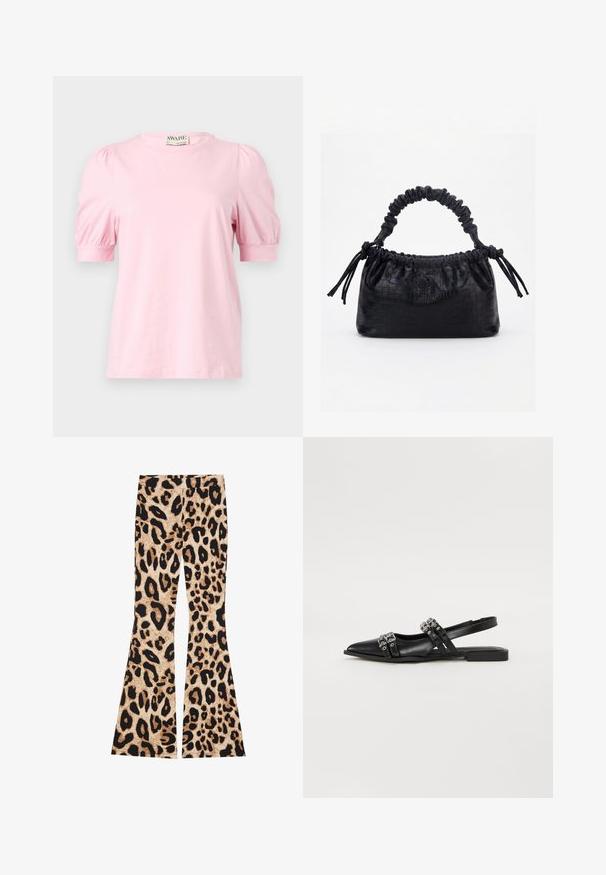 Pink t-shirt med korte pufærmer, rund halsudskæring, lavet af blødt stof. Enkel design uden mønstre eller dekorationer.; Leopardmønstrede buksers med flared ben, der har en ribbet tekstur, i beige og sorte farver med varierede pletmønstre i hele stoffet.; Even&Odd by Zalando Slingback-ballerinasko - black; Sort taske med krokodilletekstur, rynket øverste kant, samlet hank og snore med kvaster på hver side mod en hvid baggrund.