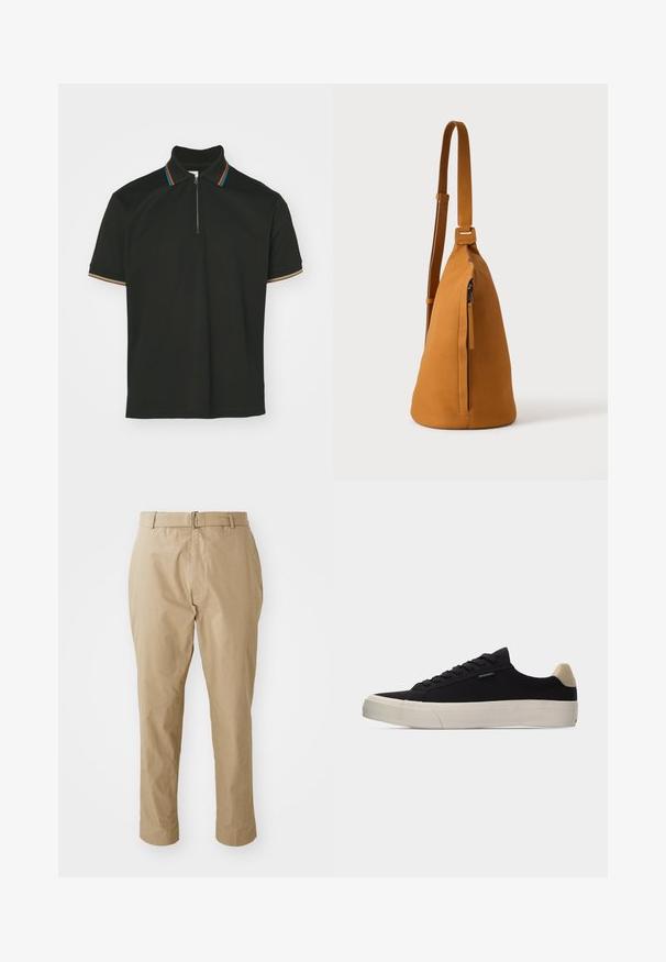 Sort polo-shirt med lynlås krave og multicolor striber. Korte ærmer og en glat bomulds tekstur.; Beige chinos i en glat bomuldsblanding med en slim fit, flad front, bæltestropper og en simpel sølvspænde i et minimalistisk design.; Sort lavsko med beige hælkappe, tyk hvid gummisål, sorte snørebånd og lille "PS Paul Smith" mærke på siden.; Tan læder crossbodytaske med justerbar rem og lodret lynlåslomme, vist fra siden mod en ensfarvet lys baggrund.