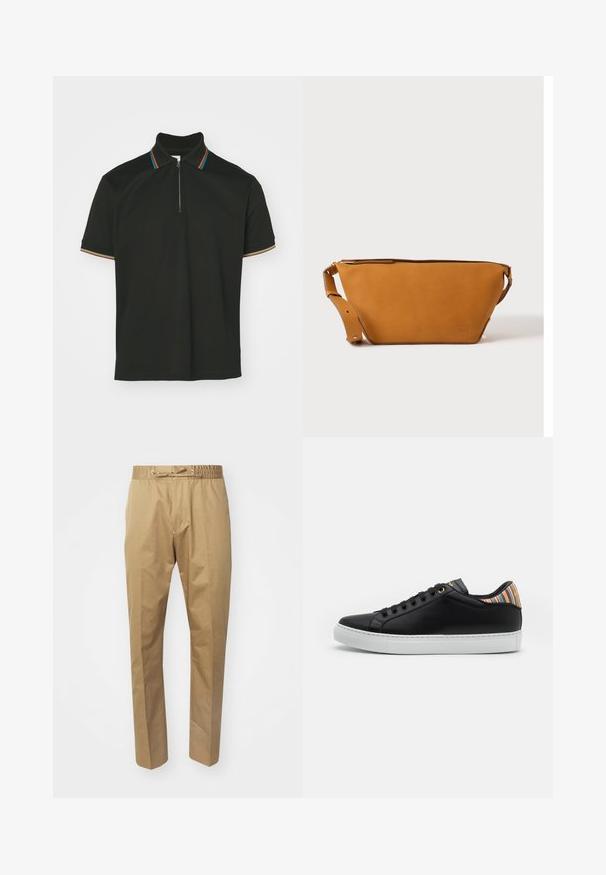Sort polo-shirt med lynlås krave og multicolor striber. Korte ærmer og en glat bomulds tekstur.; Beige bukser med elastisk talje og justerbar snøre. Glat tekstur, lige ben og minimalistisk design.; Sorte lædersneakers med en hvid gummisål, der har en stribet multicolor accent på hælen og sort snøre foran med gyldne øjer.; Lys brun læder crossbody taske med justerbar rem og lynlås, vist mod en ensartet lys baggrund.