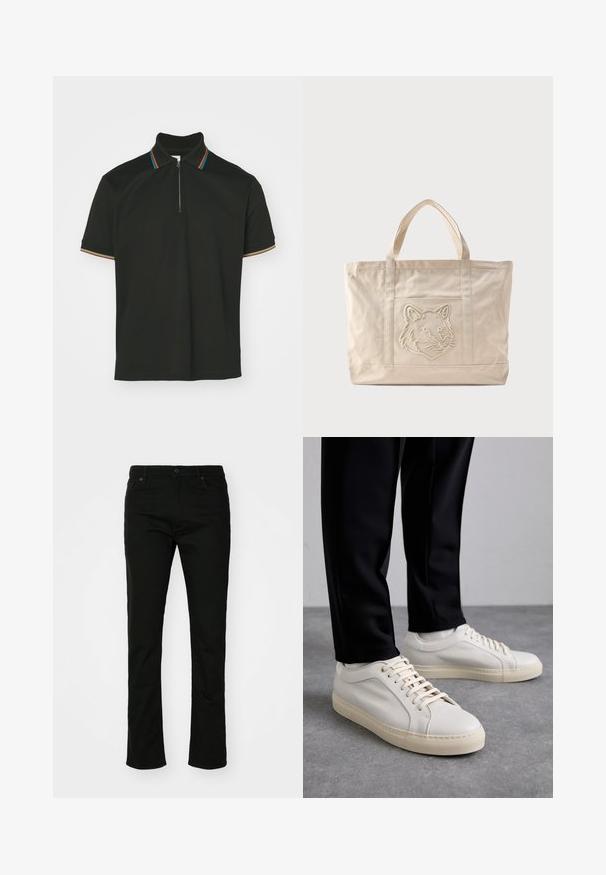 Schwarzes Poloshirt mit einem Reißverschlusskragen und mehrfarbigen Streifen. Kurzärmelig und aus glattem Baumwollstoff.; Schwarze Denim-Jeans mit geradem Bein, fünf Taschen und Druckknopfverschluss. Glatte Textur mit dezenten Nähten.; Helle beigefarbene Leder-Sneaker mit flachen Schnürsenkeln, einer strukturierten Oberfläche und einer kontrastierenden, cremefarbenen Gummisohle, kombiniert mit schwarzen eng geschnittenen Hosen.; Beige Canvas-Tragetasche mit doppelten Griffen und einem geprägten Wolfskopfdesign auf der Fronttasche.