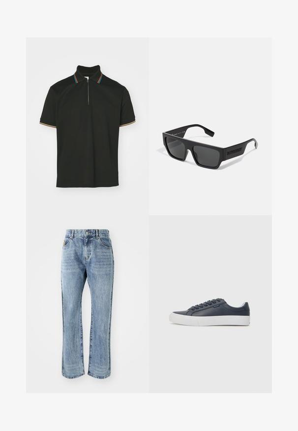 Musta polo-paita, jossa on vetoketjullinen kaulus, jossa on monivärisiä raitoja. Lyhyet hihat ja sileä puuvillapinta.; Billionaire Boys Club CASINO PANT - Straight leg -farkut - light wash blue; Merihenkiset nahkakengät, joissa on sileä pinta, pyöreä kärki, valkoinen kumipohja ja kuusi reikää nauhoille. Minimalistinen brändäys sivulla.; Mustang lasit mustilla linssillä, suorakulmaisen muotoiset, matta pinta ja harmaat linssit. Merkin logo on kohokuvioitu templeissa. Klassinen muotoilu.