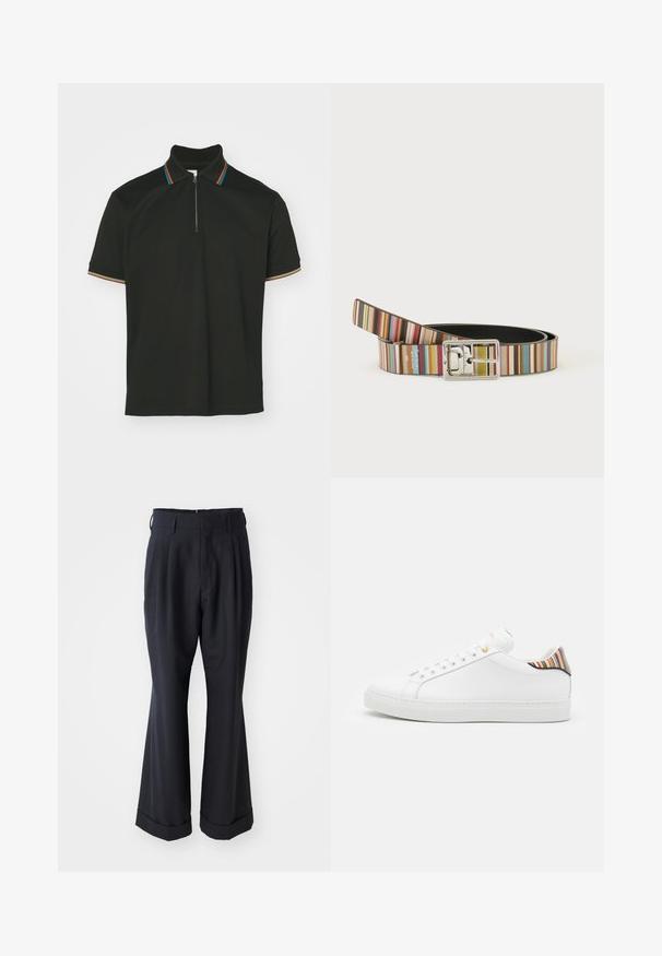Polo noir avec un col zippé et des rayures multicolores. Manches courtes et texture en coton lisse.; Pantalons noirs ajustés avec une coupe décontractée, devant plissé et jambes larges. Caractéristiques d'un ourlet à retournement et d'une texture de tissu lisse.; Baskets en cuir blanc avec une finition lisse, présentant un accent rayé coloré au niveau du talon, des œillets dorés et une semelle blanche plate.; Ceinture rayée avec plusieurs couleurs verticales et une boucle rectangulaire argentée brillante, enroulée sur un fond blanc uni.