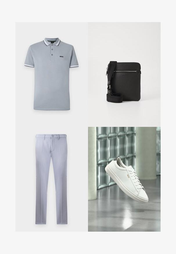 Lichtgrijze polo met drie knopen, bicolor afwerking op de kraag en mouwen, en een klein zwart "BOSS" logo op de borst.; Lichtgrijze op maat gemaakte broeken van gladde stof, met een knoopsluiting, riemlussen en een rechte pijp. Geen zichtbare zakken.; Witte leren lage sneaker met veters, zwarte hielstrook en "BOSS"-logo, zwevend binnenshuis bij een glazen stenen muur en gepolijste vloer.; Zwarte leren schoudertas met een gestructureerd oppervlak, een ritsvak aan de voorkant en een verstelbare stoffen schouderband. Eenvoudig vierkant ontwerp.