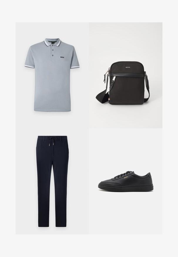 Hellgraues Polohemd mit drei Knöpfen, zweifarbiger Borte am Kragen und an den Ärmeln sowie einem kleinen schwarzen "BOSS"-Logo auf der Brust.; Marineblaue Hose mit einem Kordelzugbund, schlankem Schnitt und glattem Textil. Keine sichtbaren Muster oder Akzente.; Schwarze Leder-Sneaker mit glatter Textur, runder Zehenpartie, flacher Gummisohle und einfarbigen Schnürsenkeln. Mit goldfarbenem "BOSS" Logo an der Seite.; Schwarze Umhängetasche aus strukturiertem Stoff, mit Logo auf der Vorderseite, Reißverschluss und verstellbarem Tragegurt. Verfügt über eine glatte Lederbesatz.