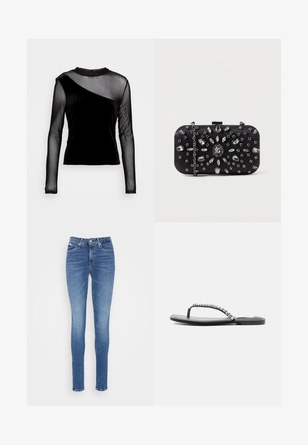 Noisy May NMALMA - T-shirt à manches longues - black; Jean skinny en denim bleu moyen, présentant une taille haute, une texture lisse, deux poches avant et une seule poche arrière.; Sandale plate noire de type tongs avec une fine bride ornée de strass transparents, présentée sur un fond gris clair uni.; Pochette noire de forme rectangulaire, ornée de divers strass disposés en motifs floraux, dotée d'une chaîne en argent pour le transport.