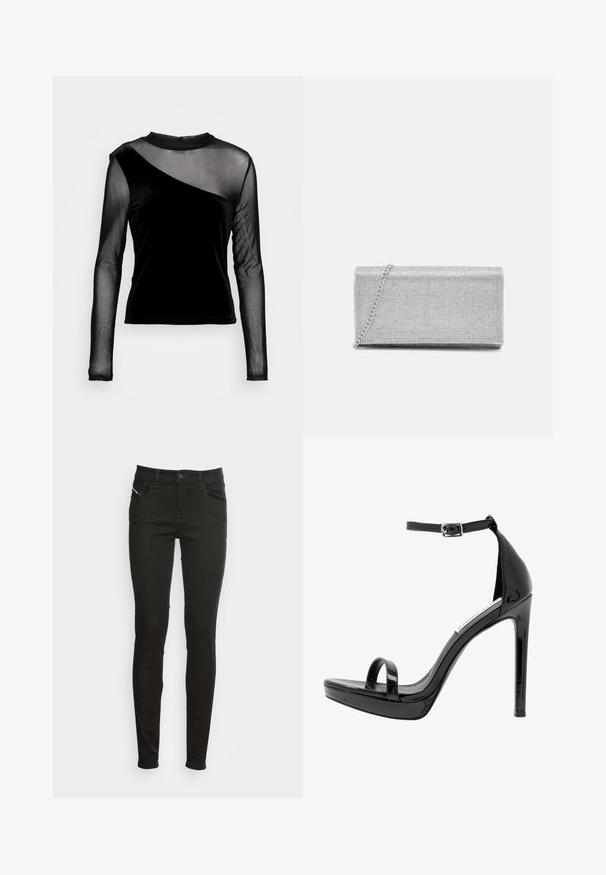 Noisy May NMALMA - Camiseta de manga larga - black; Jeans ajustados negros con bolsillos frontales, pasadores para cinturón, cierre de botón y cremallera, mostrados sobre un fondo blanco.; Steve Madden MILANO - Sandalias de tacón - black; Bolso de mano metálico plateado con diseño de malla trenzada, forma rectangular y una cadena para llevar. Textura suave y acabado pulido.
