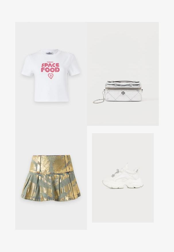 Weißes Baumwoll-T-Shirt mit rotem grafischem Text, der "SPACE FOOD" mit einem Herzakzent liest, kurze Ärmel und Rundhalsausschnitt.; Gold- und türkisfarbene, gefältelte Denim-Rock mit glänzender Oberfläche, ausgestattet mit einem figurschmeichelnden Bund und kontrastierenden Nähdetails.; Weißer klobiger Sneaker mit dicker Sohle und dekorativem silbernen Stern und Perlen auf den Schnürsenkeln, seitlich auf einem einfarbigen Hintergrund gezeigt.; Metallisch silberne Handtasche mit einem gesteppten Muster, Reißverschlussschluss und Kettenriemen. Auffälliges Logo-Detail auf der Vorderseite. Kompakte rechteckige Form.