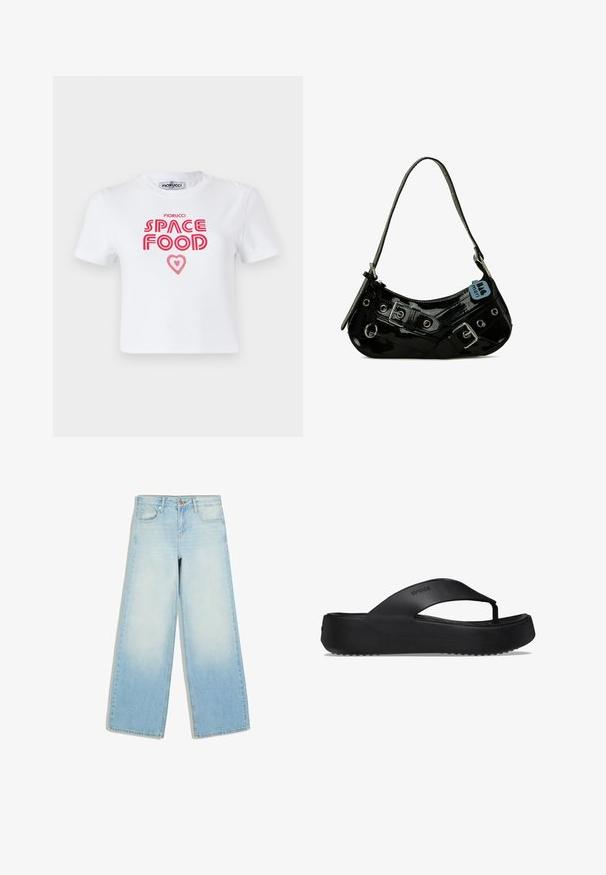 Witte katoenen t-shirt met rode grafische tekst die "SPACE FOOD" leest met een hartaccent, korte mouwen en een ronde hals.; Lichtblauwe denim jeans met wijde pijpen, vijf zakken en een knoopsluiting in de taille, platliggend op een witte achtergrond.; Zwarte flip-flop sandaal met een verhoogde zool, gemaakt van rubbermateriaal. Kenmerkt zich door een teenband en een gestructureerde voetbed voor grip.; Zwarte gepatineerde leren handtas met een gebogen vorm, voorzien van zilveren hardware, decoratieve sluitingen en een korte schouderband. Blauwe label bevestigd.