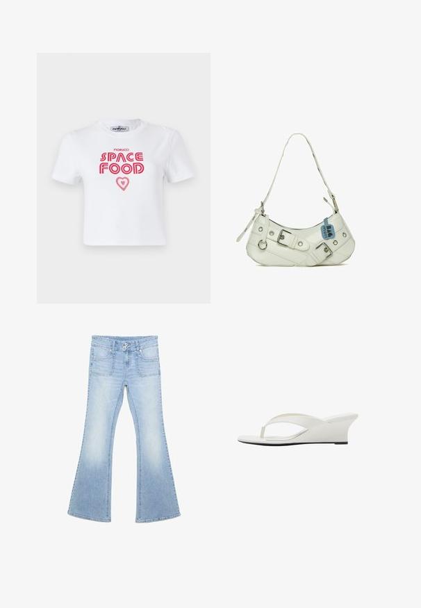 T-shirt en coton blanc avec un texte graphique rouge qui dit "NOURRITURE SPATIALE" avec un accent en forme de cœur, manches courtes et col rond.; Jean flare taille haute bleu clair avec deux poches avant, fermeture à double bouton et légère décoloration subtile sur les cuisses et les genoux.; Sandale blanche à talon compensé avec des lanières lisses et une semelle légèrement surélevée, vue de côté sur fond blanc.; Sac à main synthétique blanc avec une silhouette incurvée, une bandoulière réglable, une boucle décorative, du matériel en argent et une étiquette bleue attachée.