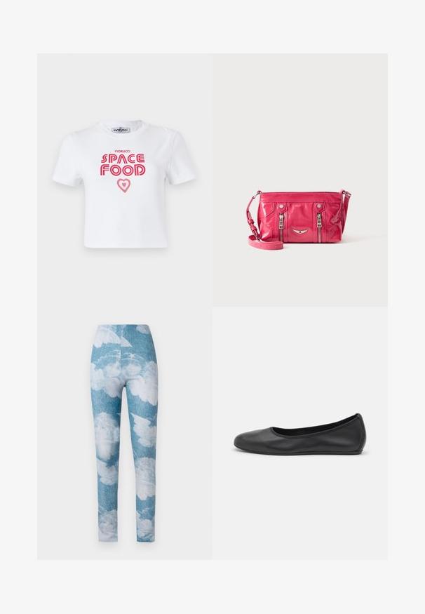 Hvid bomulds t-shirt med rød grafisk tekst, der siger "SPACE FOOD" med et hjerteaccent, korte ærmer og rund halsudskæring.; Leggings med en blå denim baggrund og hvide sky mønstre. Stoffet synes strækbart med en tætsiddende design og ankel længde.; Sort læderballetsko med rund tå, glat tekstur, minimal syning og et fleksibelt såldesign.; Lille blank lyserød crossbody taske med to lodrette lynlåslommer og en justerbar rem, vist mod en ensfarvet baggrund.