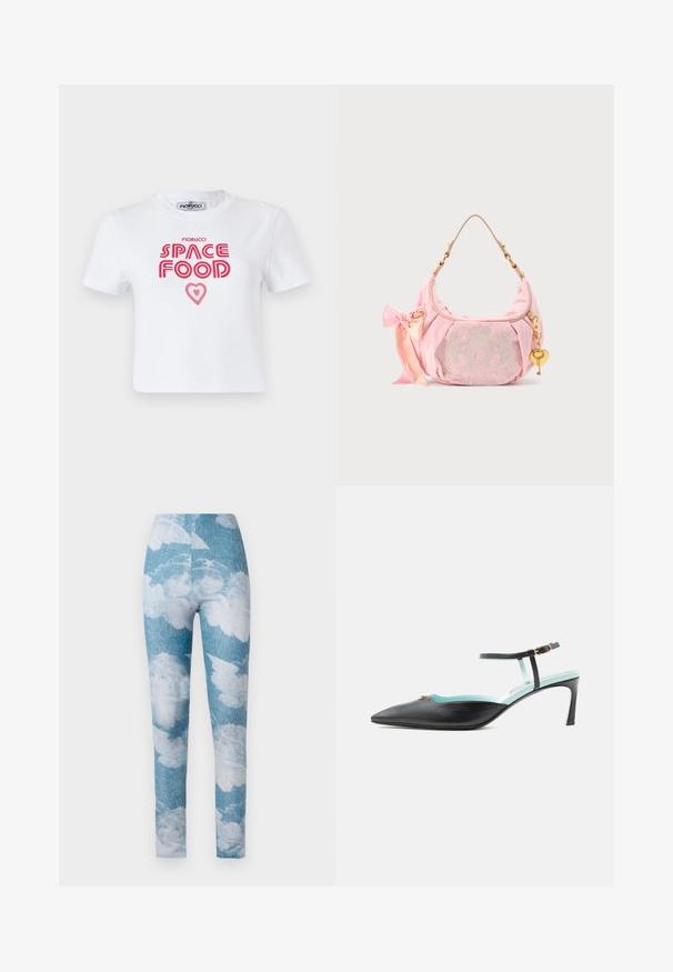 T-shirt en coton blanc avec un texte graphique rouge qui dit "NOURRITURE SPATIALE" avec un accent en forme de cœur, manches courtes et col rond.; Leggings avec un fond en denim bleu et des motifs de nuages blancs. Le tissu semble extensible avec un design ajusté et une longueur au niveau de la cheville.; Chaussure à talon noire à bout pointu avec bride à la cheville, boucle dorée et doublure intérieure bleu clair, présentée en profil latéral sur fond blanc.; Sac à épaule en velours rose Juicy Couture avec bandoulière chaîne dorée, breloque clé en forme de cœur, logo brodé et détail nœud en satin rose.