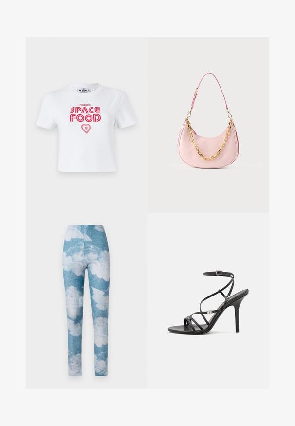 Hvid bomulds t-shirt med rød grafisk tekst, der siger "SPACE FOOD" med et hjerteaccent, korte ærmer og rund halsudskæring.; Leggings med en blå denim baggrund og hvide sky mønstre. Stoffet synes strækbart med en tætsiddende design og ankel længde.; Sort højhælet sandal med tynde stropper, en ankelspænde, en glat læderoverflade og en slank stilethæl.; Lyserød håndtaske i halvmåneform med præget logomønster, justerbar rem og dekorativ guldkæde på ensfarvet baggrund.