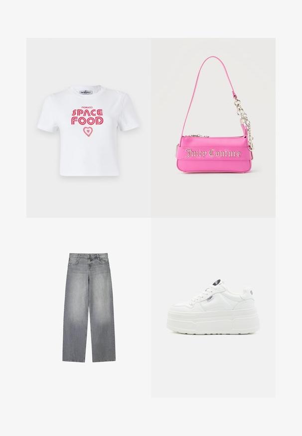 Hvid bomulds t-shirt med rød grafisk tekst, der siger "SPACE FOOD" med et hjerteaccent, korte ærmer og rund halsudskæring.; Bredde-grå denim jeans med en let falmet finish, der har fem lommer, lukning med knap foran og bæltestropper.; Hvide platform sneakers med en glat syntetisk overflade, rund tå, polstret krave og tekstureret sål. Har et kontrasterende logo-tag.; Lille lys pink Juicy Couture håndtaske med sølvkædedetalje og logotekst på forsiden, enkelt smalt skulderrem.